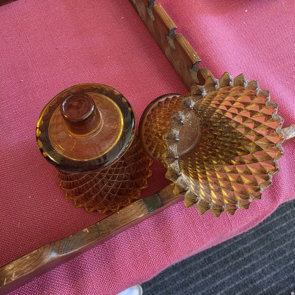 2 Vtg Indiana Glass Amber Diamond Point Peg Votive Sconce Candle Holders Homco - Picture 2 of 2